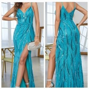 Turquoise, Sleeveless,  plants pattern , split thigh, long lenth, bodyco…